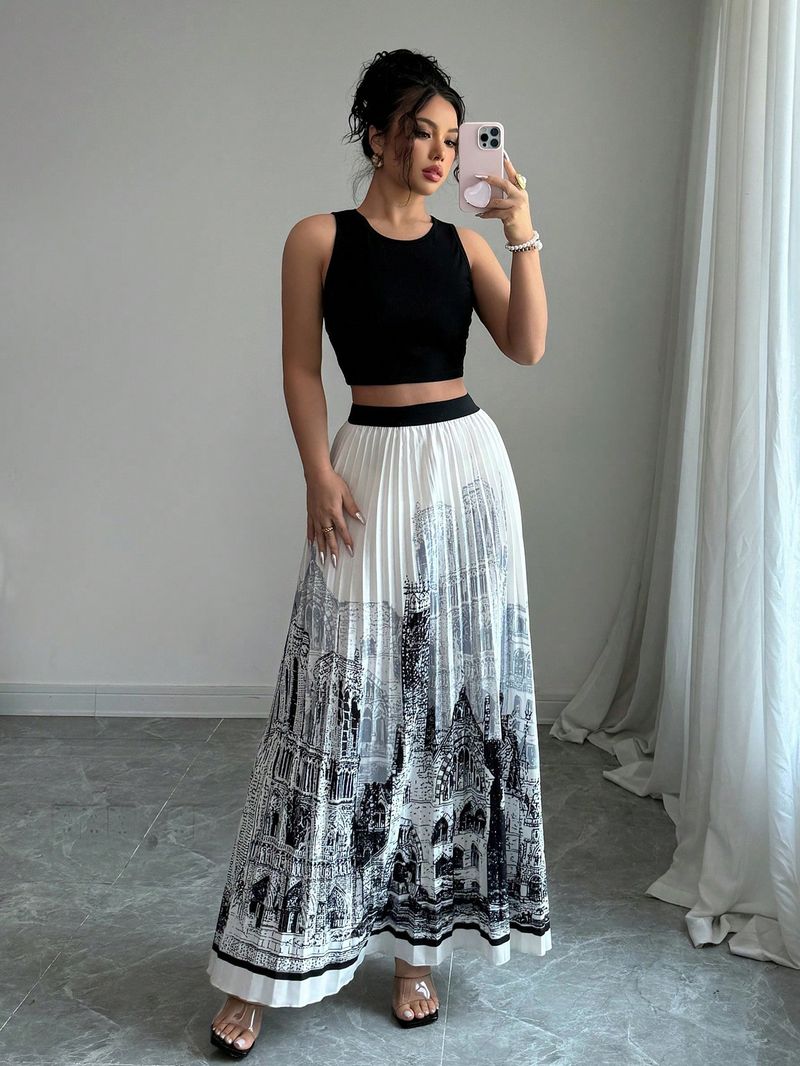 Ärmelloses Sommerkleid-Set mit Aquarelldruck – fließender High-Low-Rock und einfarbiges Tanktop, vielseitiges zweiteiliges Outfit für Damen_voghion.com
