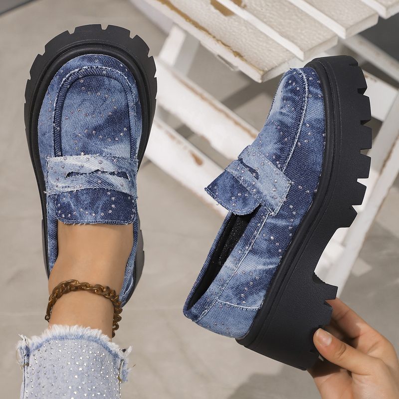 Damenschuhe mit Strasssteinen, dicker Sohle und dickem Absatz, einzelne Schuhe mit Strasssteinen, niedrigem Oberteil, bequem, Lazy One Step Loafers_voghion.com