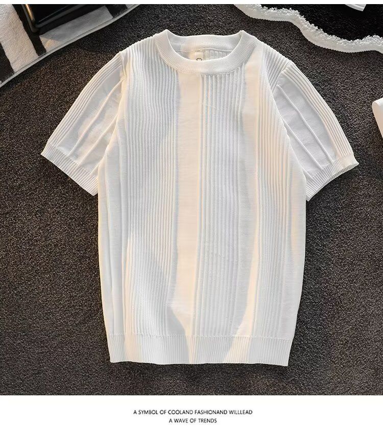 Männerkleeder Kuerzärm Pullover fir Männer am Summer, einfacht an villfältegt Design, gestreift hallefärmlech Ronnhals gestrickt T-Shirt_voghion.com