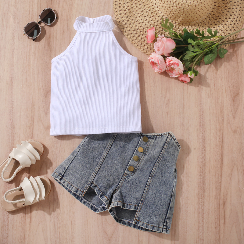 Vêtements d'été pour bébés filles et enfants, pull sans manches, sans bretelles, short en denim déchiré de couleur unie, ensemble deux pièces_voghion.com
