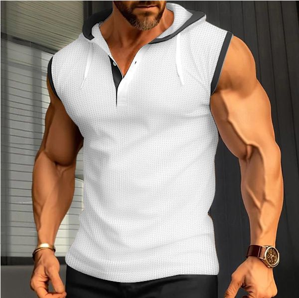 2024 Summer New Men's Tank Top Hooded Shoulder Trendy Brand Casual Sleeveless T-shirt_voghion.com