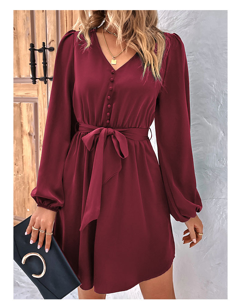Abito a maniche lunghe con scollo a V solido da donna_voghion.com