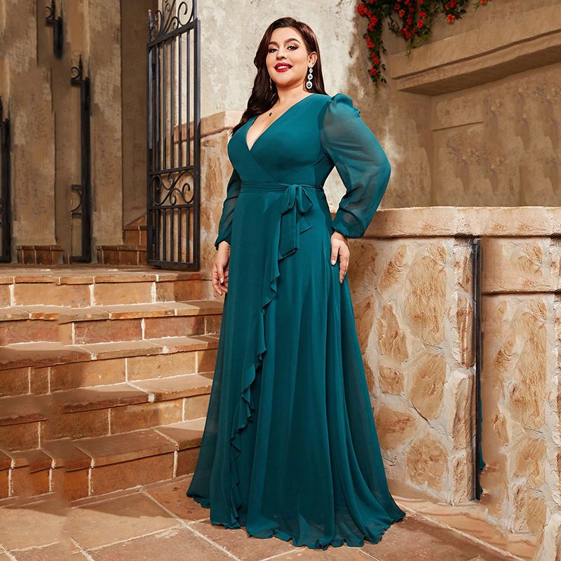 Elegantes, langärmliges Midikleid in Übergröße mit V-Ausschnitt und Volantsaum für Damen, fließendes, formelles Abendkleid aus Chiffon für besondere Anlässe_voghion.com