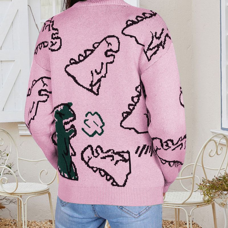 Women's Clothing long sleeved sweater autumn and winter new round neck loose cartoon dinosaur sweater_voghion.com