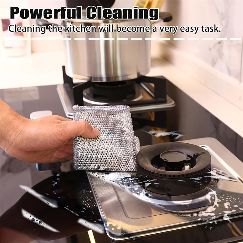 20-5pcs Thickened Steel Wire Cleaning Cloth Non-Scratch Double-layer Iron Microfiber Mesh Dishrag Washing Pot Rags Kitchen Towel_voghion.com