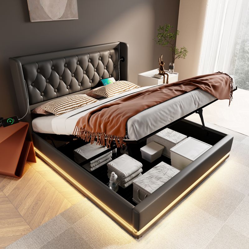 Lit double 160 x 200 cm, matelas en polyuréthane noir, lit coffre hydraulique avec chargement USB Type-C et éclairage LED sur 3 côtés, tête de lit rembourrée (matelas inclus)._voghion.com