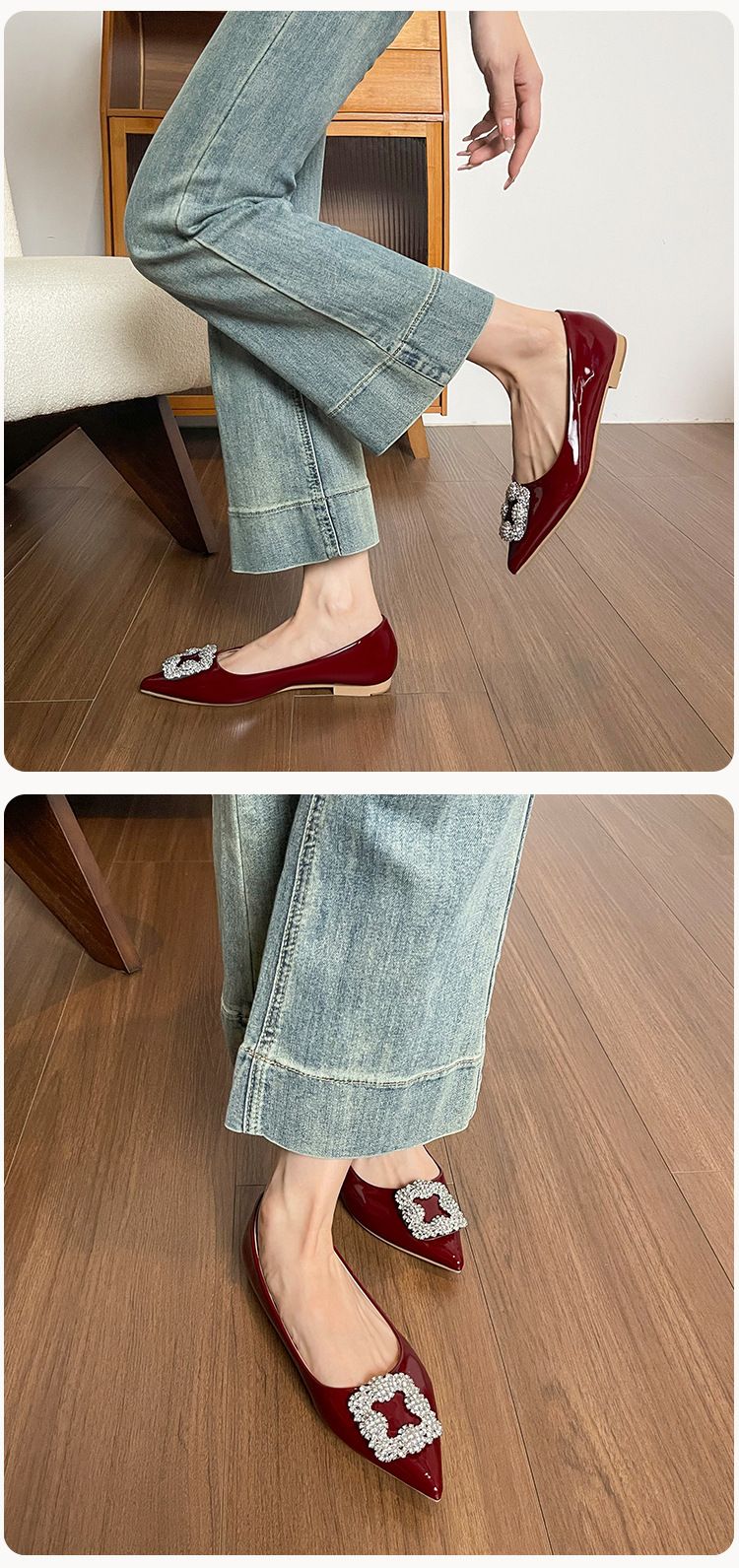 Zapatos franceses sencillos y poco profundos para mujer, zapatos planos de hada con un solo pedal y punta de diamantes de imitación para boda._voghion.com