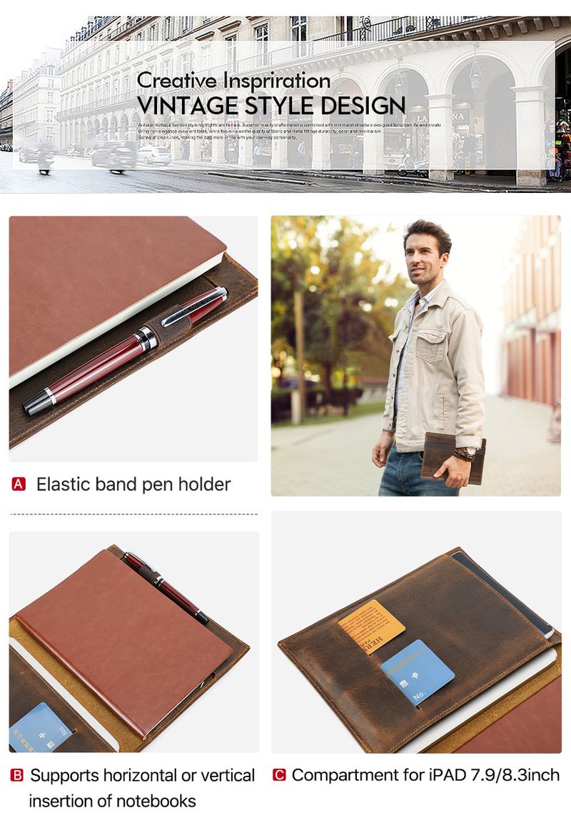 Estuche de cuero Crazy Horse A5 para libreta de papel con portalápices para iPad Mini, funda protectora multifuncional_voghion.com