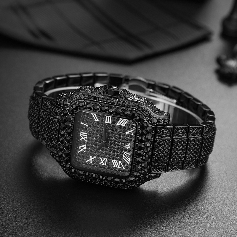 Men's Fashion Square Watch With Full Diamond Accents, Roman Numerals, And Quartz Movement - Waterproof, Stainless Steel Band, Mineral Glass_voghion.com
