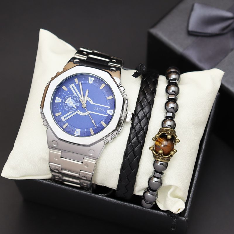 Geschenkbox Uhrenset Herren Quarz Wasserdicht Kalender Uhr Armband Stahlband_voghion.com