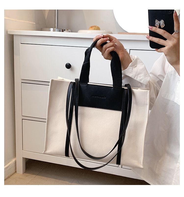 Borse tote da donna, semplici borse tote da donna con colori di tela a contrasto e tracolla singola di grande capacità._voghion.com