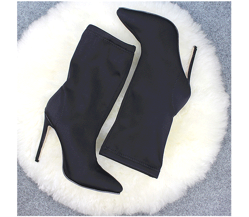 DEleventh European and American cross border women's shoes mid calf boots stretch fabric pointed toe stiletto high heels large size women's boots _voghion.com