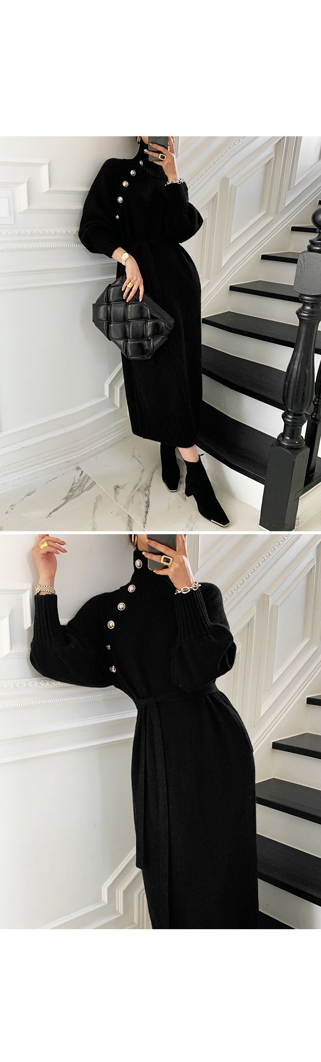 Abbigliamento da donna, abito lavorato a maglia con lacci in vita, maglione lungo versatile a collo alto dimagrante e sciolto per donna_voghion.com