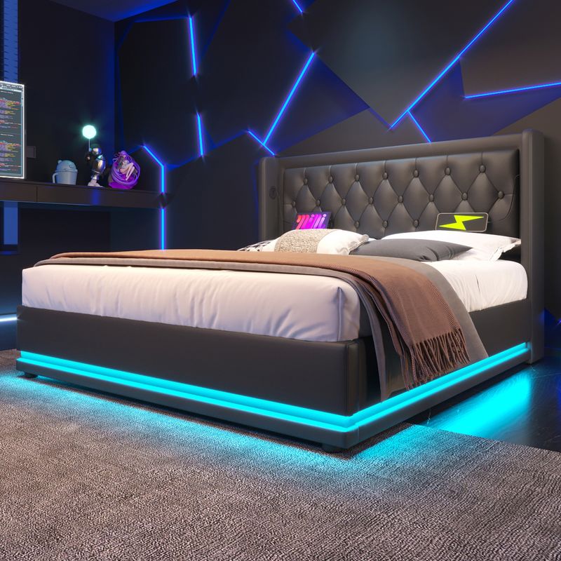 Lit double 160 x 200 cm, matelas en polyuréthane noir, lit coffre hydraulique avec chargement USB Type-C et éclairage LED sur 3 côtés, tête de lit rembourrée (matelas inclus)._voghion.com