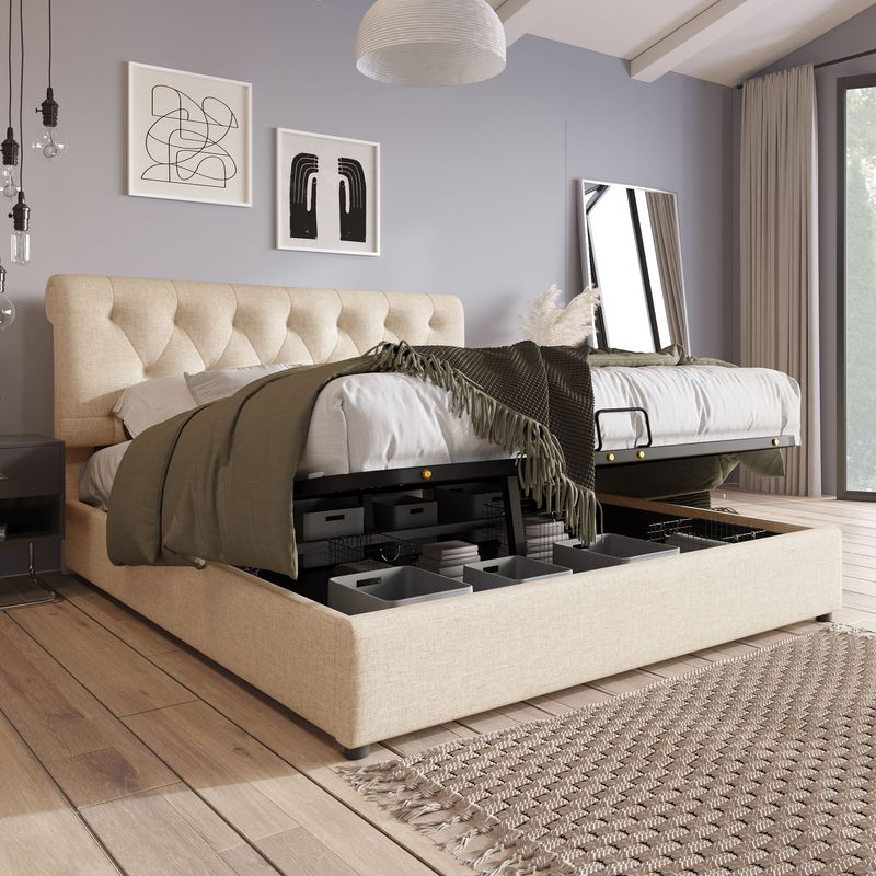 Cadre de lit king size rembourré hydraulique réglable 160 x 200 cm avec lattes métalliques, lit coffre moderne avec tête de lit réglable, design naturel, matelas non inclus_voghion.com