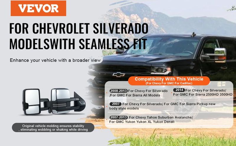 VEVOR Towing Mirrors Fit For 2008-2014 Chevy Silverado GMC Sierra Power Heated LED Arrow Signal Light Side View Mirror Pair Manual Controlling Telescoping Folding, Silver_voghion.com