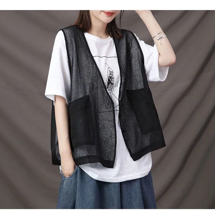 Gilet sans manches léger et polyvalent pour femme grande taille, style artistique, à bordure croisée, idéal pour l'automne._voghion.com