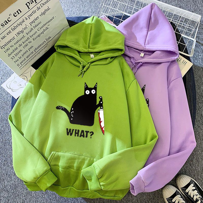Felpa con cappuccio e grafica gatto nero, stampa personalizzata abbinata per coppia, autunno inverno, nuova caramella, colore: nero_voghion.com