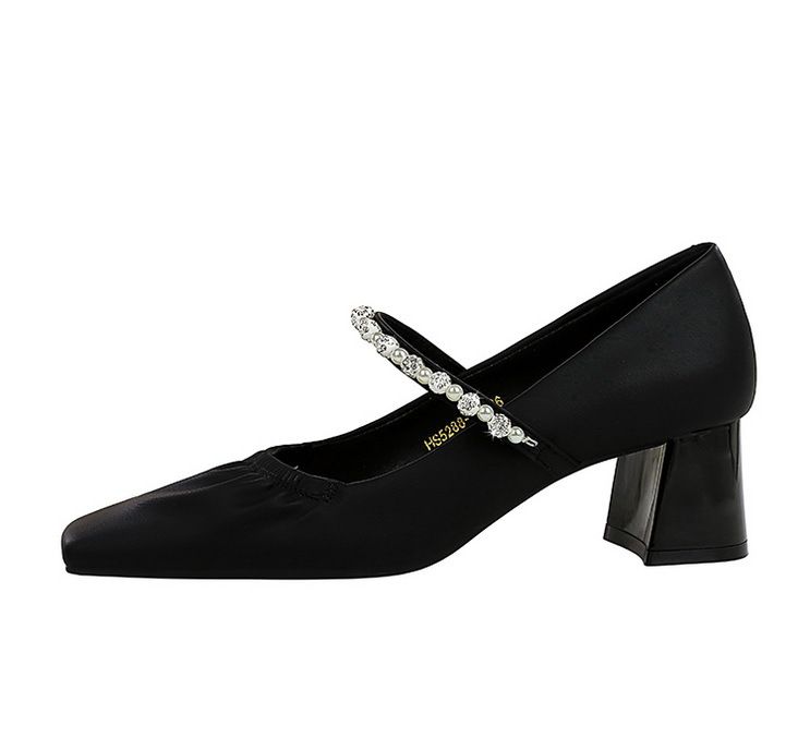 5288-17 Scarpe da donna con tacco medio e spesso, versione coreana, con punta quadrata, punta bassa, strass di perle, dritte_voghion.com