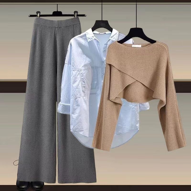 Dameskleding Gebreide trui, shirt, wijde pijpen, driedelig pak_voghion.com