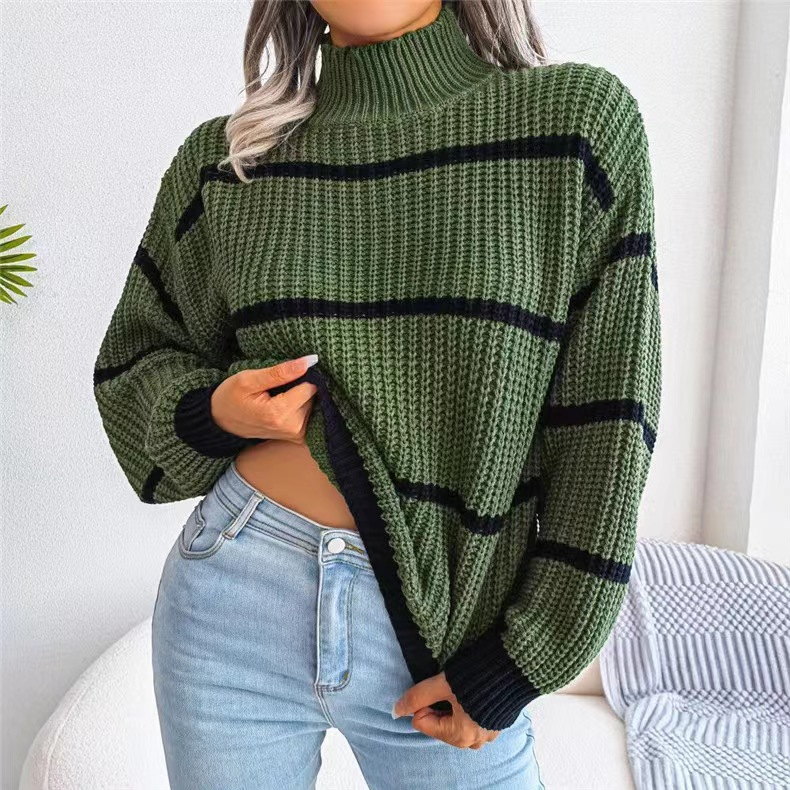 Suéter feminino casual listrado com manga lanterna e meia gola alta_voghion.com