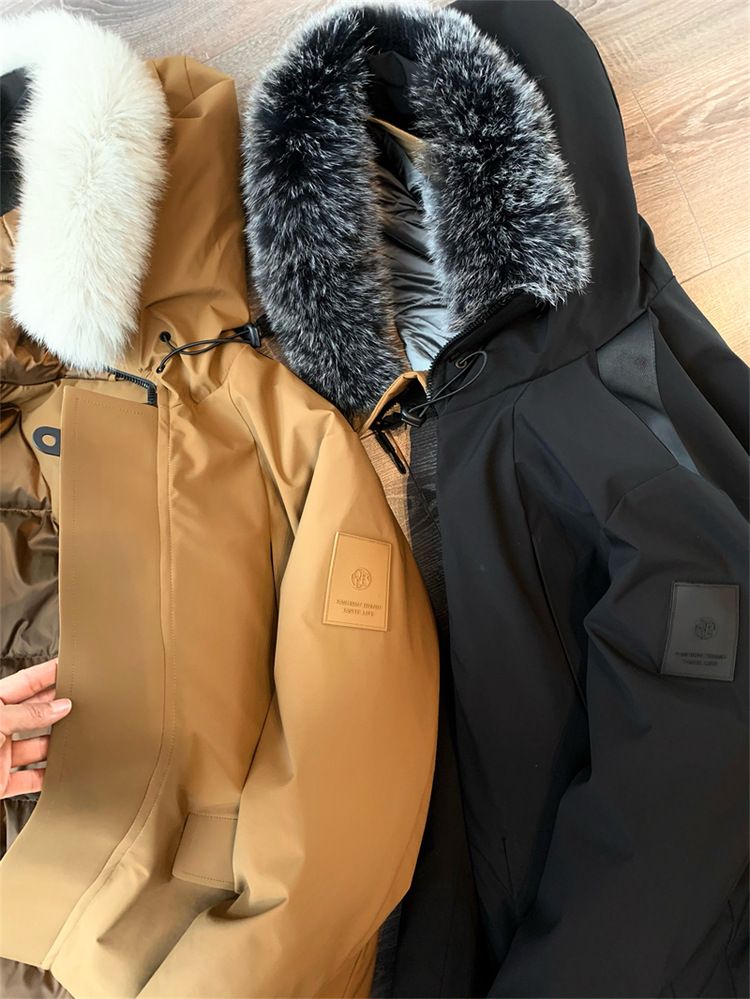 Negozio di abbigliamento maschile 2K+ 90 giacca in seta e cotone con cappuccio in pelliccia di volpe invernale da uomo, calda e spessa, tinta unita, casual_voghion.com
