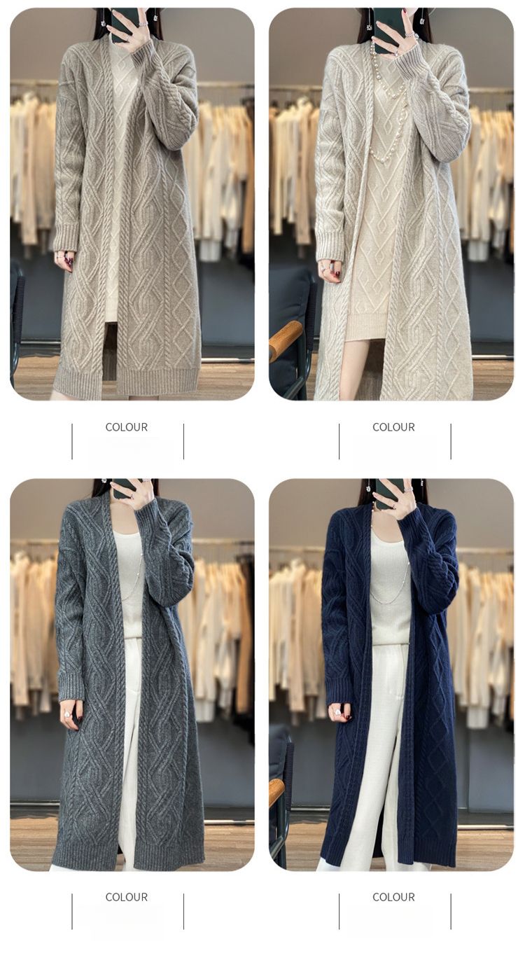 Cardigan lungo e largo in maglia di lana pesante e spessa, da donna, con scollo a V, autunno inverno_voghion.com