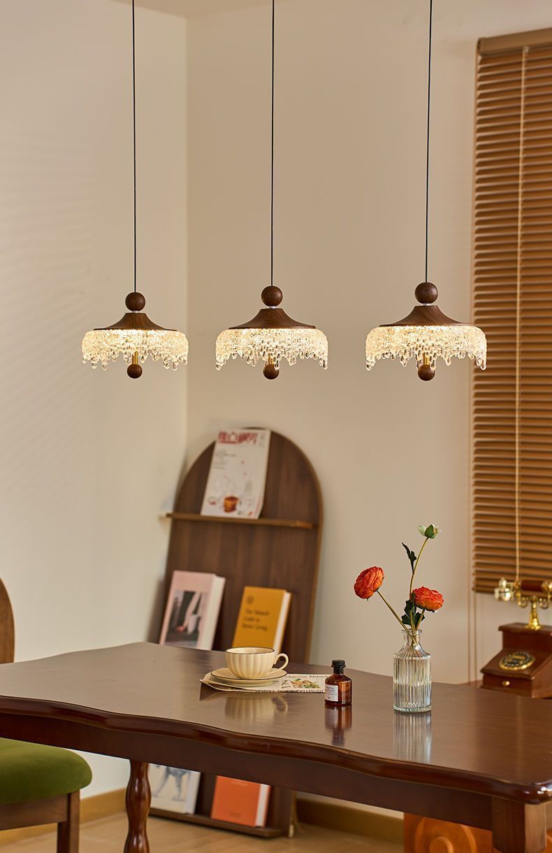 French Vintage Style Water Drop Restaurant Walnut Wood Grain Crystal Three-Head Long Plate Bar Pendant Light_voghion.com