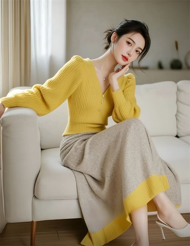 Maglione a maniche lunghe con scollo a V per abbigliamento da donna, gonna da abito retrò unica per l'inizio dell'autunno_voghion.com