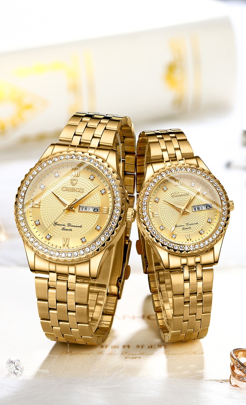 Orologi per amanti Orologio doppio calendario fosforescente Orologio al quarzo con cinturino in acciaio con diamanti in oro_voghion.com