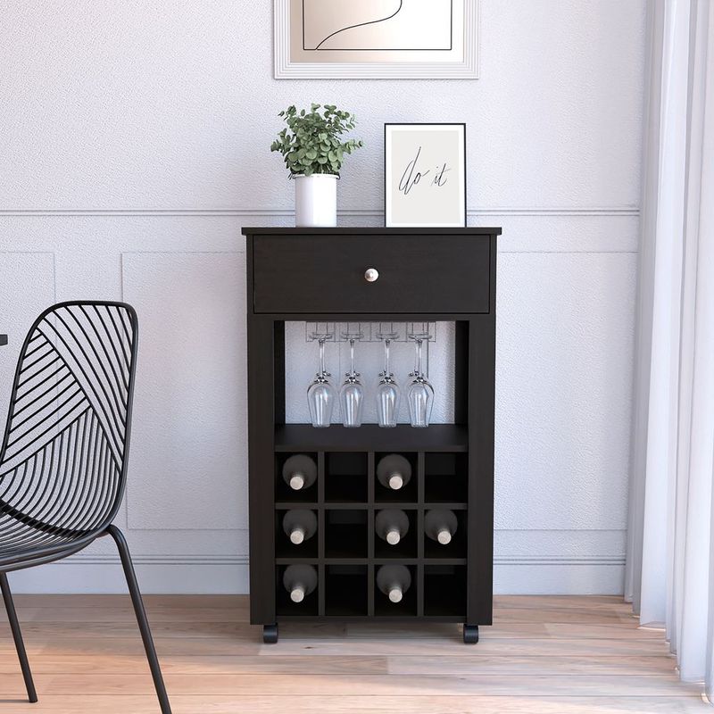 39' H Black Bar- Coffee Cart, Kitchen Or Living Room Cabinet Storage, With 12 Bottle Racks, A Central Shelf With 1 Cup Holders, 1 Drawer Ideal For S_voghion.com