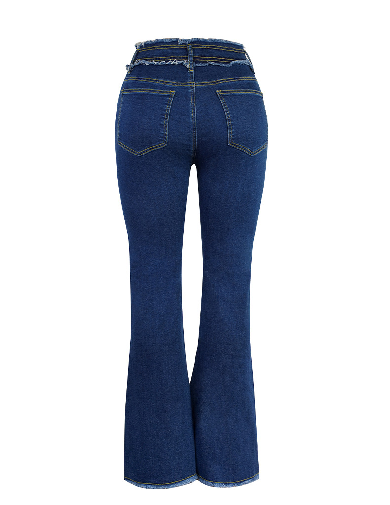 Dametøj høj elastisk denimbukser med mellemhøj talje og rå kant_voghion.com