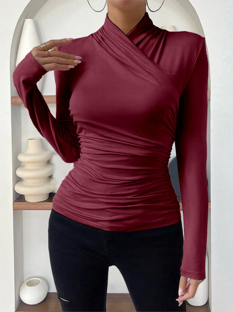 Evropský a americký přeshraniční svetr Podzimní a zimní nový design Sense Cross Colour s dlouhým rukávem Slim All Match Jednobarevné skládané tričko_voghion.com