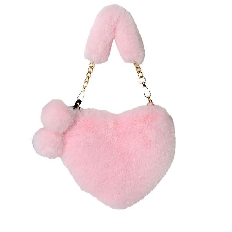 Süße Herzform für Damen, Pelzkettenhandtasche, Pfirsich-Herz-Umhängetasche für Kinder, Plüschtasche_voghion.com
