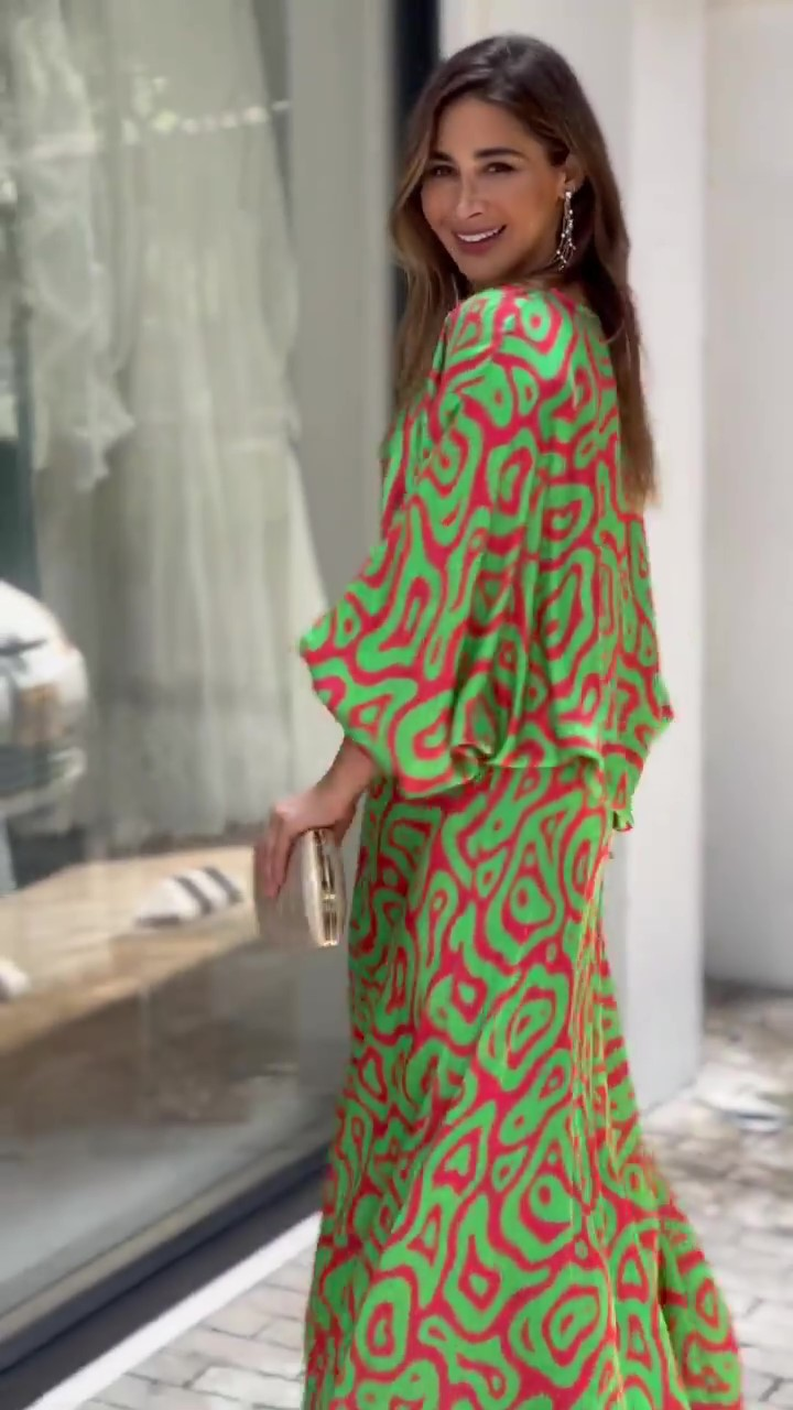 Feminino solto estampado manga longa top cintura alta tamanho grande saia longa terno_voghion.com