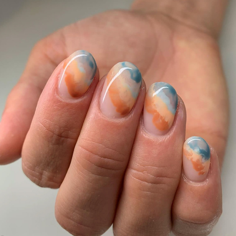 24-teiliges künstliches Nagelset mit kurzem, rundem Kopf, niedliche Blume, blaue künstliche Nägel mit Kleber, einfach tragbar, vollständige Nagelabdeckung_voghion.com