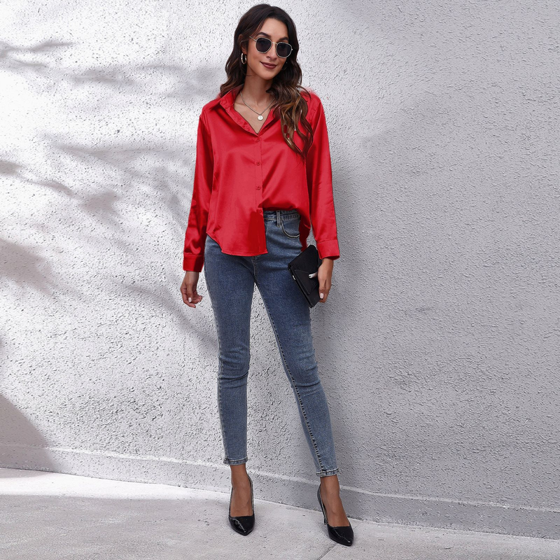 Women's clothing color D shirt satin silk imitation long sleeve shirt_voghion.com