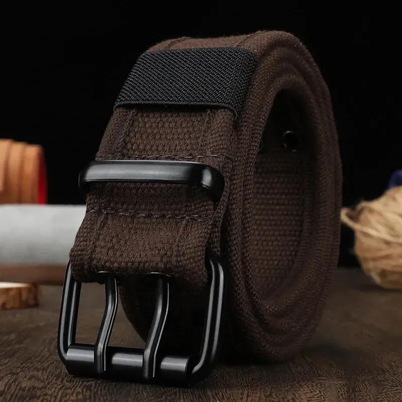 Mens And Womens Double Button Canvas Waistband Work Style Full Hole Needle Buckle Belt Sturdy Durable Jeans For Student_voghion.com