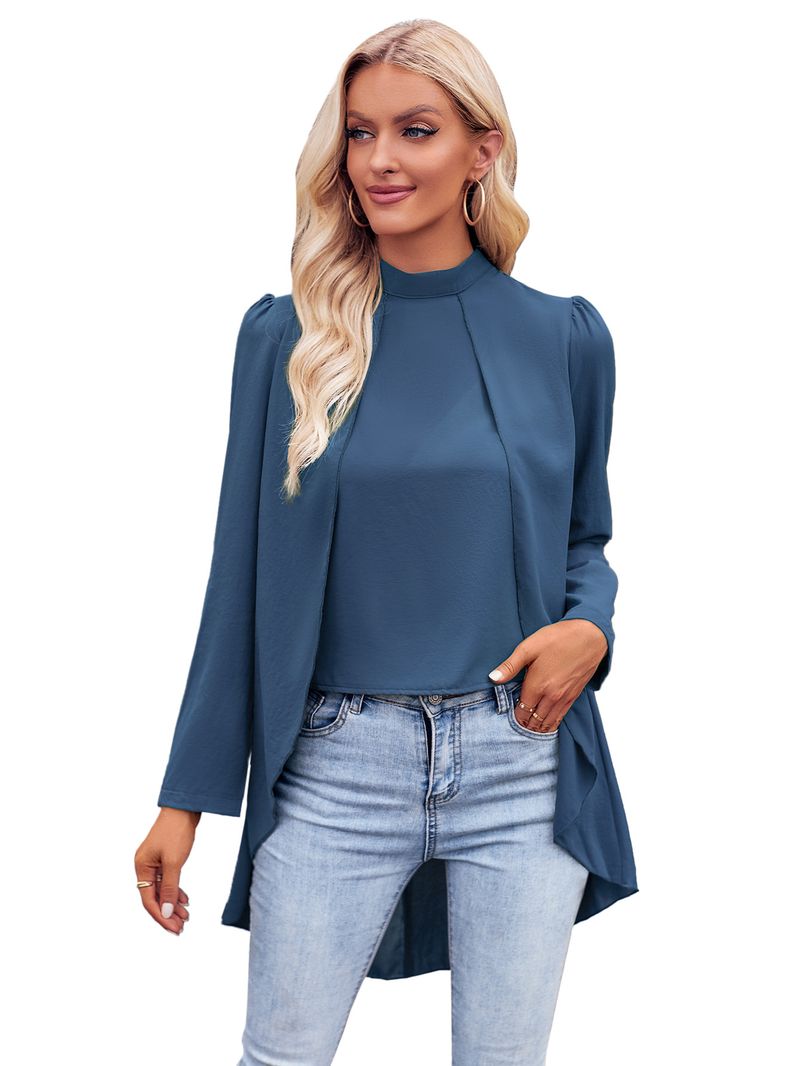 Abbigliamento da donna, camicia in due pezzi finta a maniche lunghe, tinta unita, collo semi-alto, casual, da donna_voghion.com