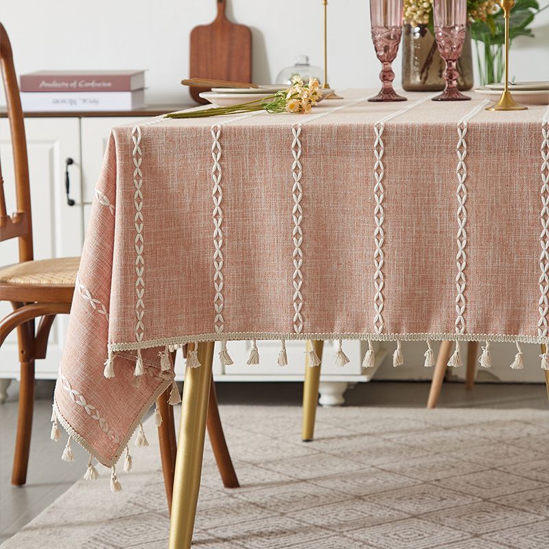Nappe à pompons rustique marron - Housse de table rectangulaire en lin et coton mélangés de style ferme pour salle à manger/table basse_voghion.com