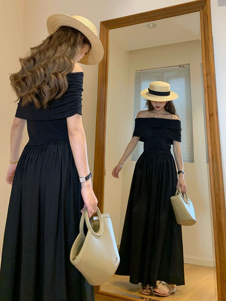 668#Two-Way Wear Schwarz Für Frauen 2025 High-End Elegante Off-Shoulder Taille-Cinching Lange Rohr Kleid_voghion.com