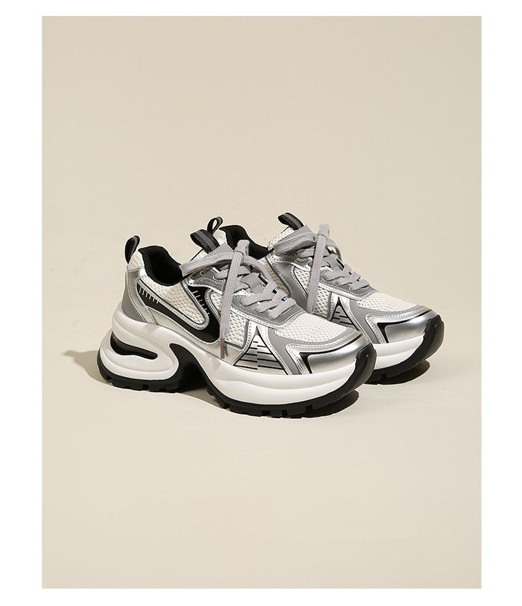 Thick Soled Dad Shoes For Women New Retro Street Style Height Enhancing Silver Same Style Casual Sports Shoes_voghion.com