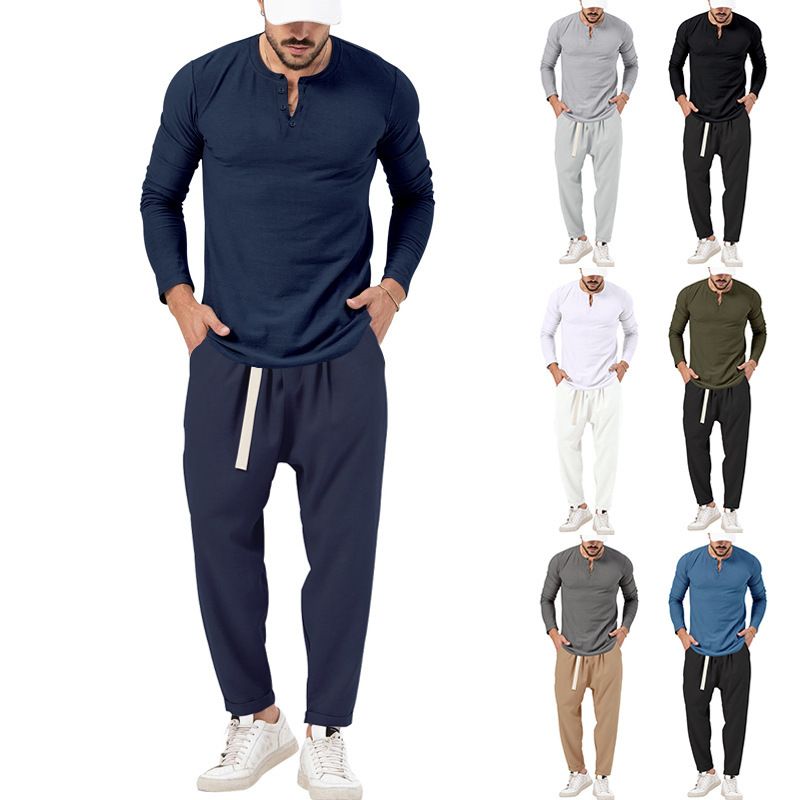 Men's solid color casual long-sleeved Henry T-shirt pantsuit_voghion.com