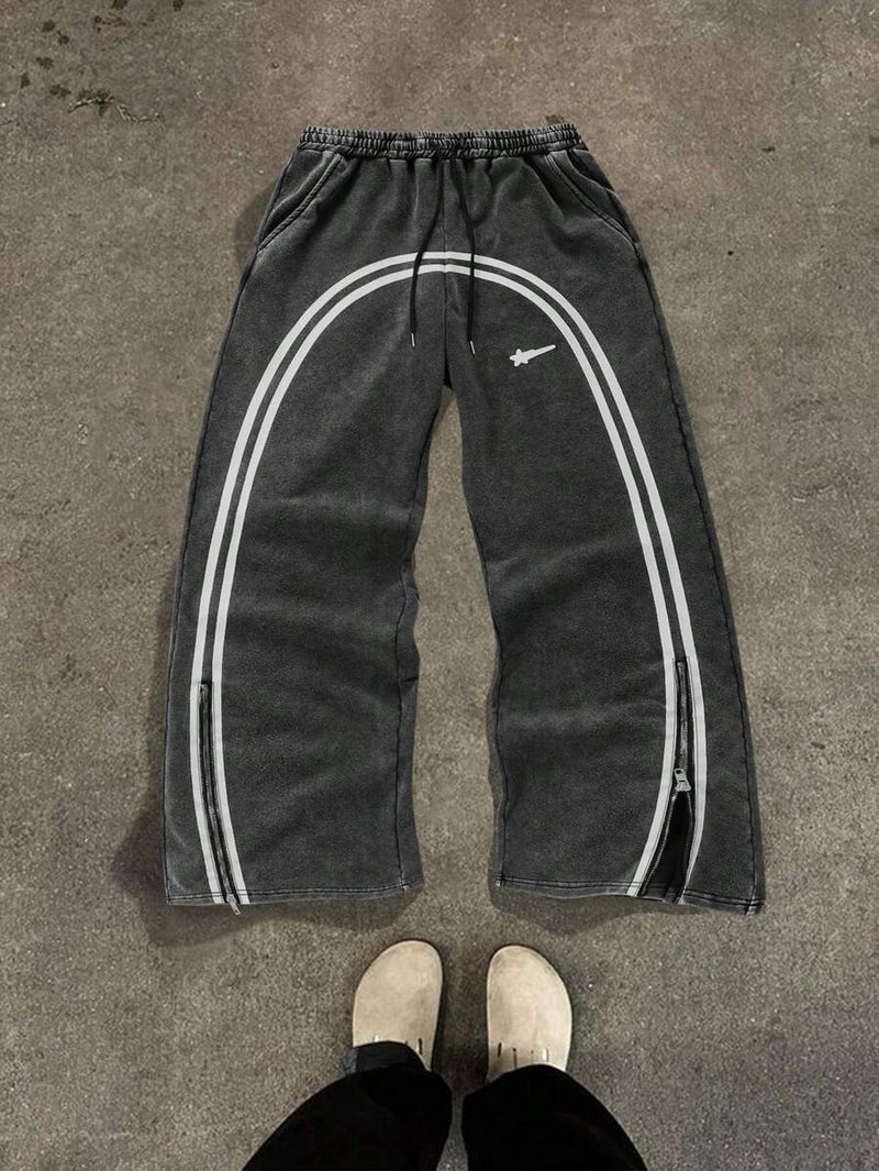 Unisex streetwearbroek - Oversized joggingbroek met hoge taille en wijde pijpen, print en patchwork, casual broek van 50-70% katoen voor heren/dames_voghion.com