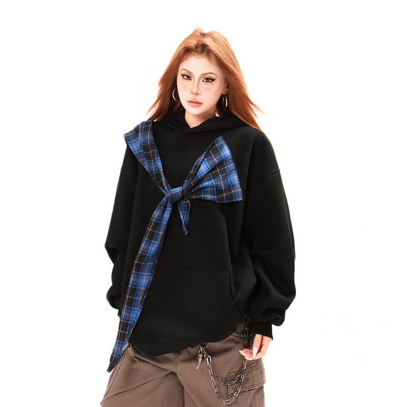 Felpa con cappuccio patchwork a quadri con lacci e farfalle, stile americano, marchio alla moda da uomo, design casual e ampio_voghion.com
