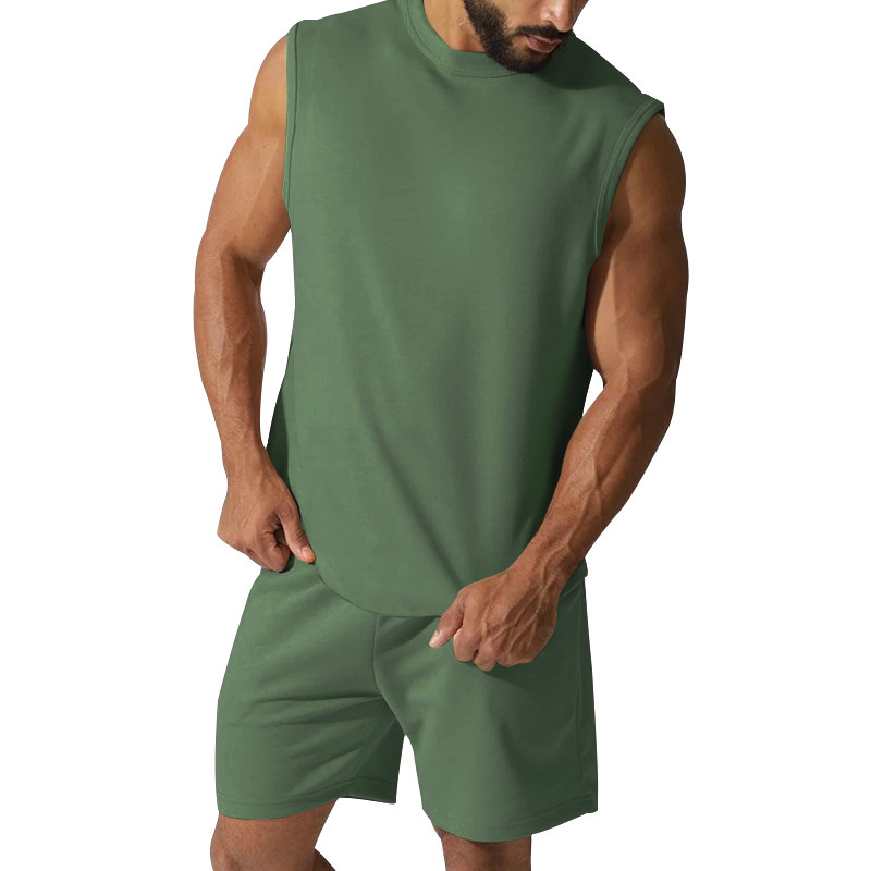 Men's Clothing new summer sleeveless sports suit men's casual thin top solid color waistcoat two piece set for men_voghion.com