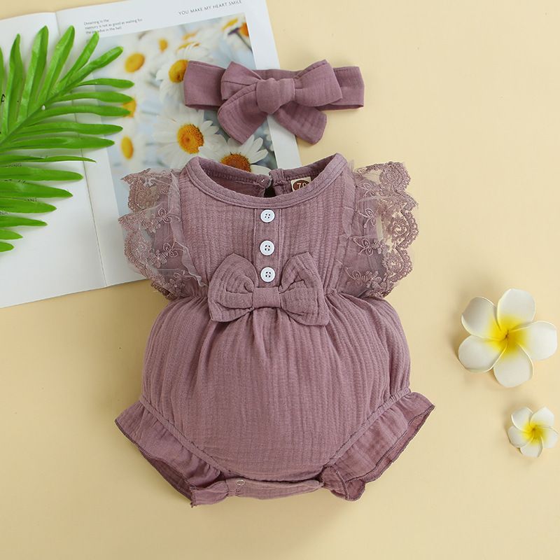 Ins Infant Girl Baby Candy Color Lace Package Fart Romper Princess Dress Jumpsuit Headband_voghion.com