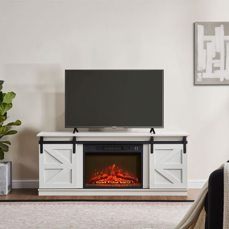 Fireplace TV Stand For Television Up To 65 Inch With Storage And Farmhouse Sliding Barn Doors, Entertainment Center With Cabinet And Shelves,White_voghion.com