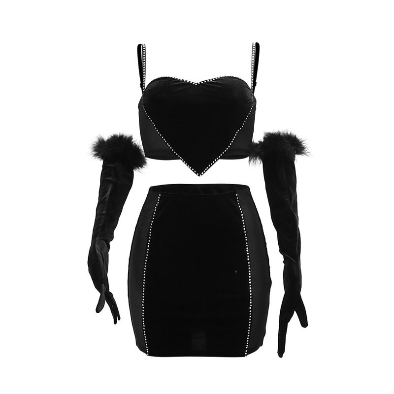 Completo composto da top corto con spalline e minigonna con strass e guanti - Completo sexy in due pezzi per donna_voghion.com