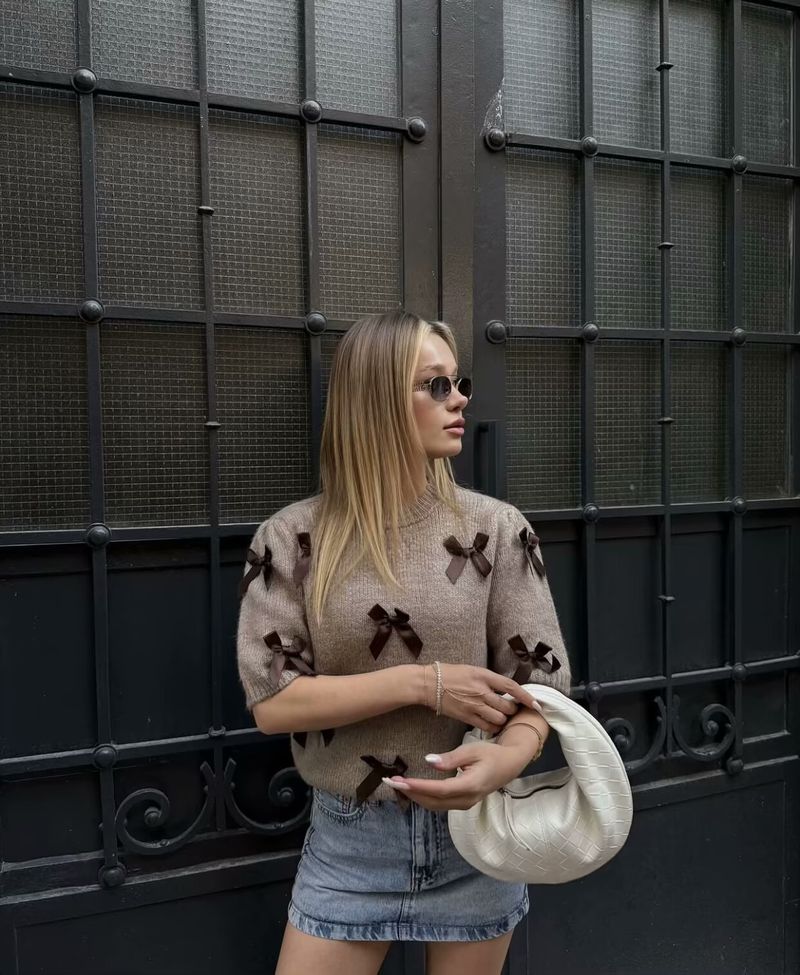 Damen Strick-Kurzarm-T-Shirt mit Schleifendetail – Lässiges Streetwear-Oberteil für Frühling & Herbst – Rundhalspullover in Beige, Schiefergrau, Khaki_voghion.com
